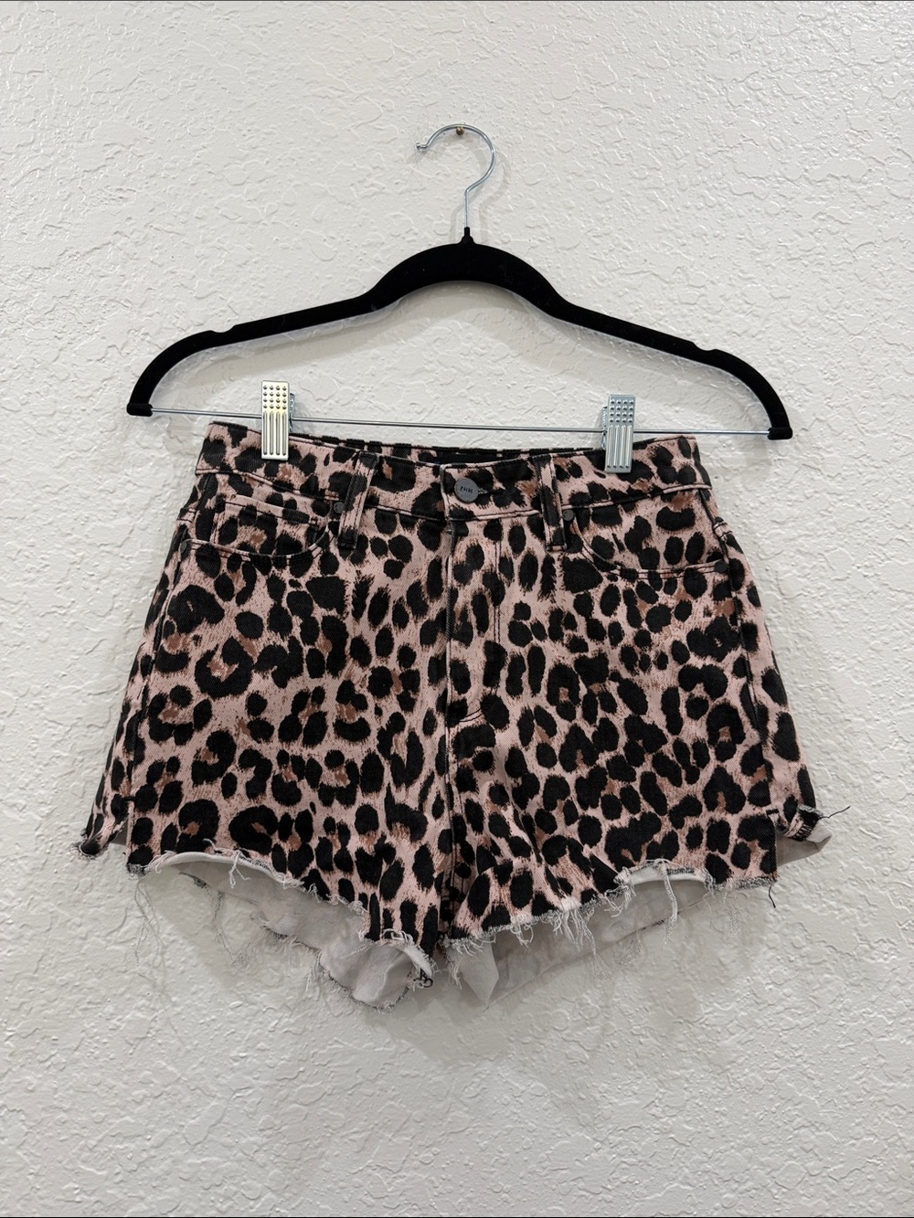 PAIGE Leopard Print Distressed Denim Shorts